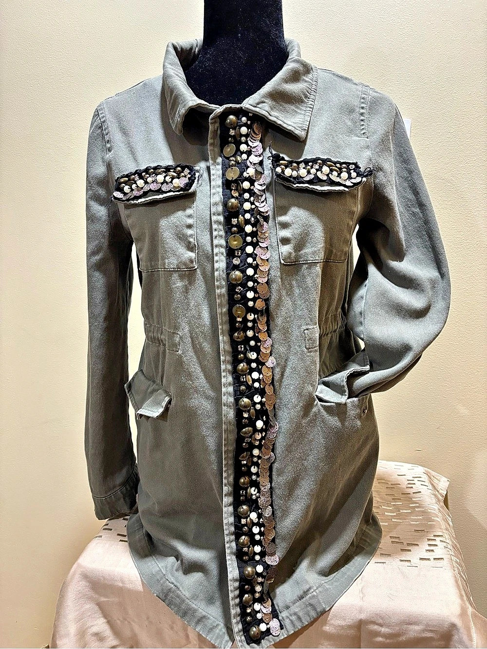 Sweet Rain Embellished Jacket in Khaki Green Size Medium